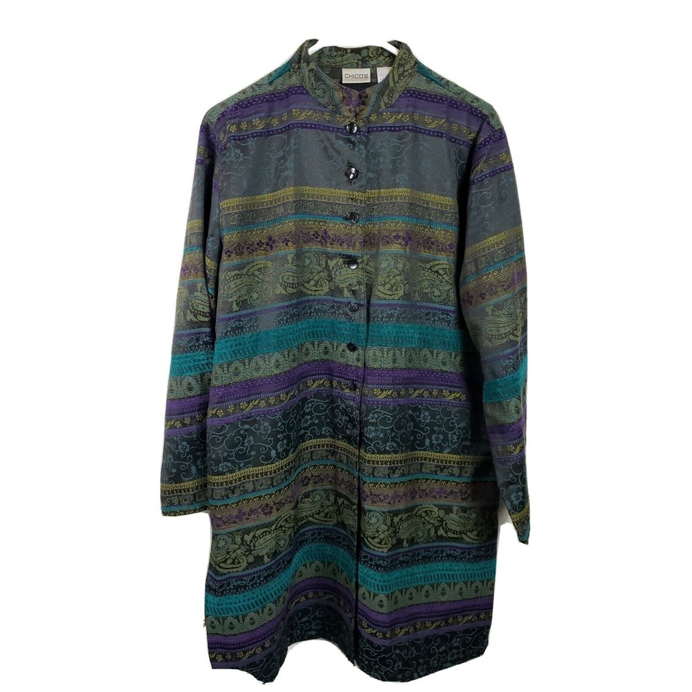 Chico's Multicolored Print Unlined Buttoned Long … - image 1